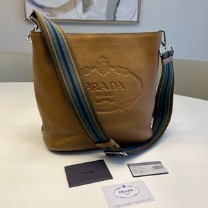 Prada Vitello Phénix Stripe Strap Bucket Bag